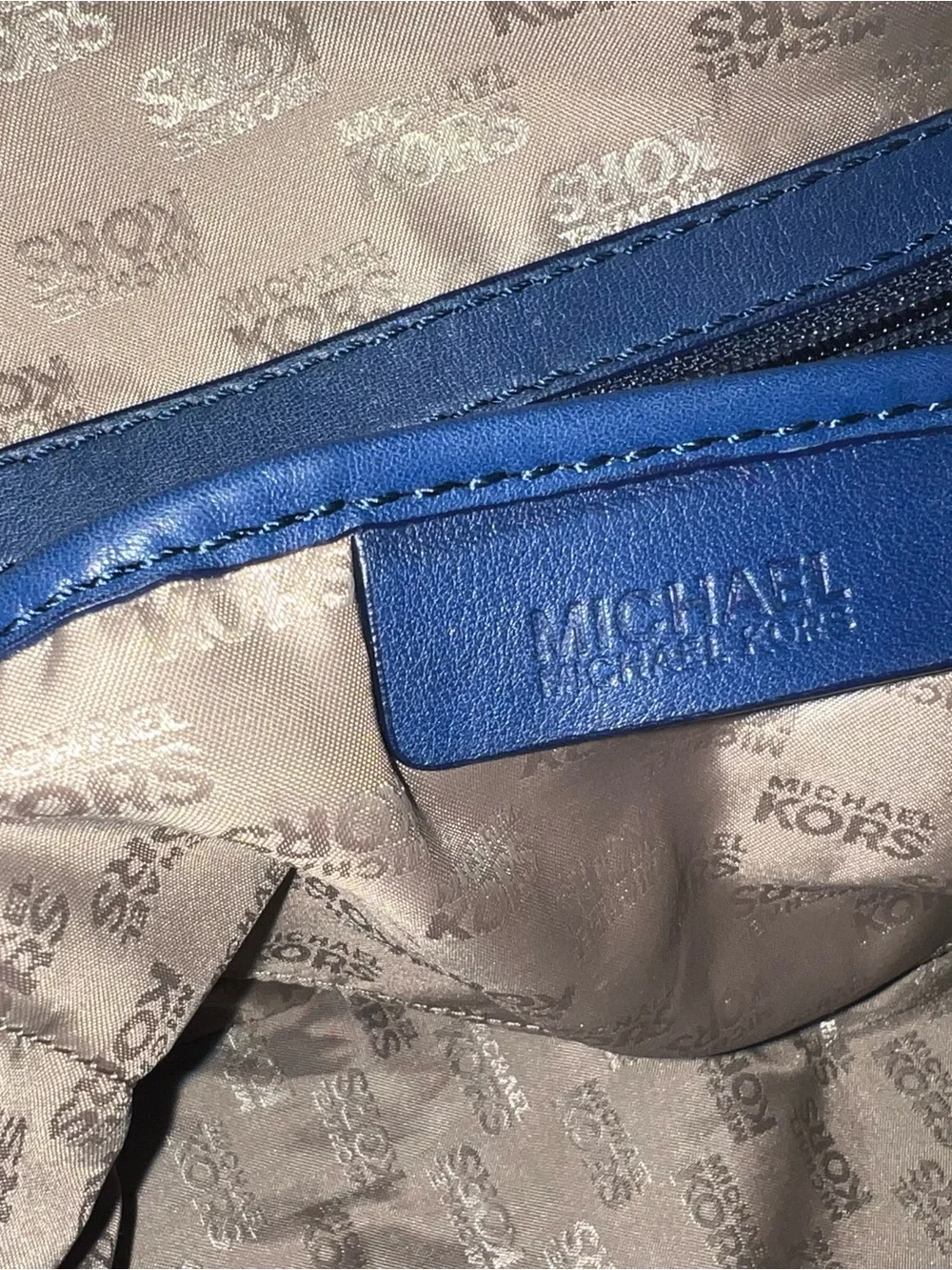 Michael Kors Blue Leather Satchel Handbag with Braided Handles and Tassels
